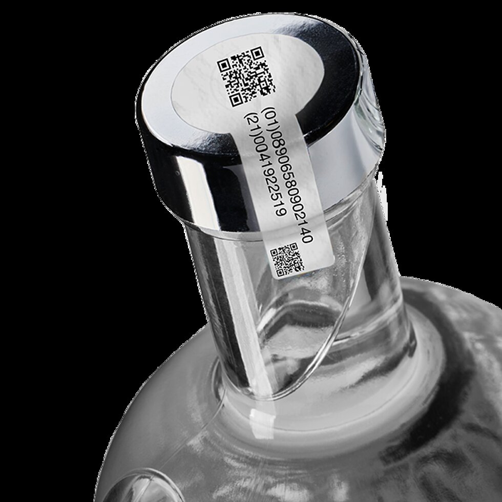 Bottle label with QR code, printed using thermal transfer process